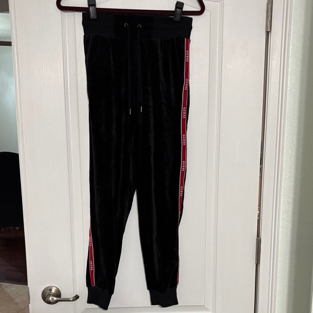 Guess Black Velour Joggers with Red Stripe on Sides